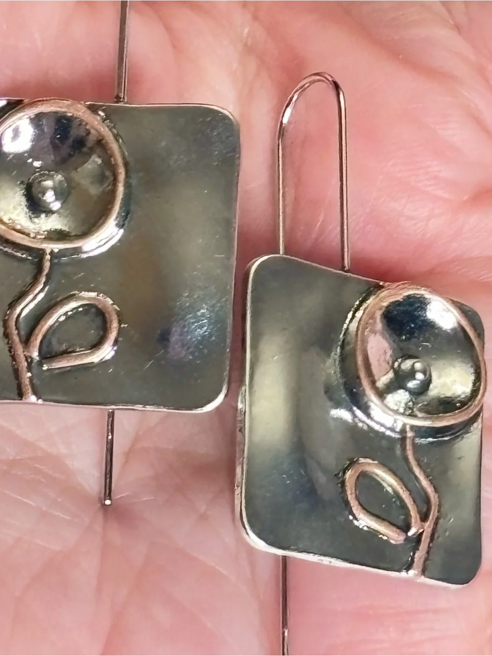 Modern Mixed Metal Flower Dangle Earrings - Silver & Copper Tone